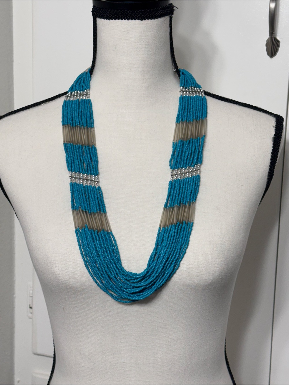 Teal and Silver Multi-Strand Beaded necklace.